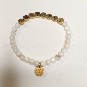 LA CH bracelet greatful stretch moonstone white beaded butterfly charm euc